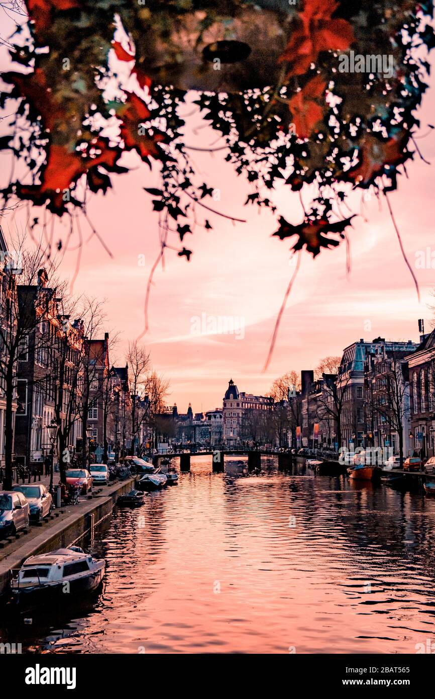 Amsterdam Netherlands Beautiful Groenburgwal canal in Amsterdam with the Soutern church Zuiderkerk at sunset Stock Photo