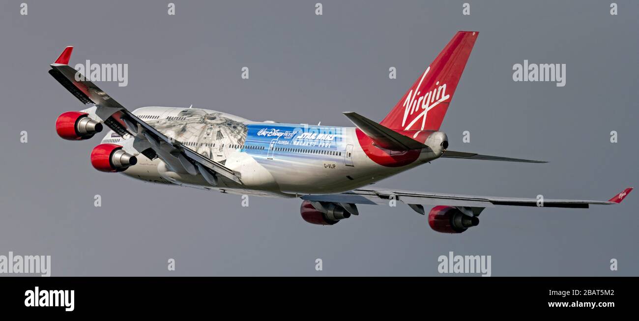 Virgin Atlantic Boeing 747, "The Falcon" G-VLIP, departing from  Manchester Airport Stock Photo