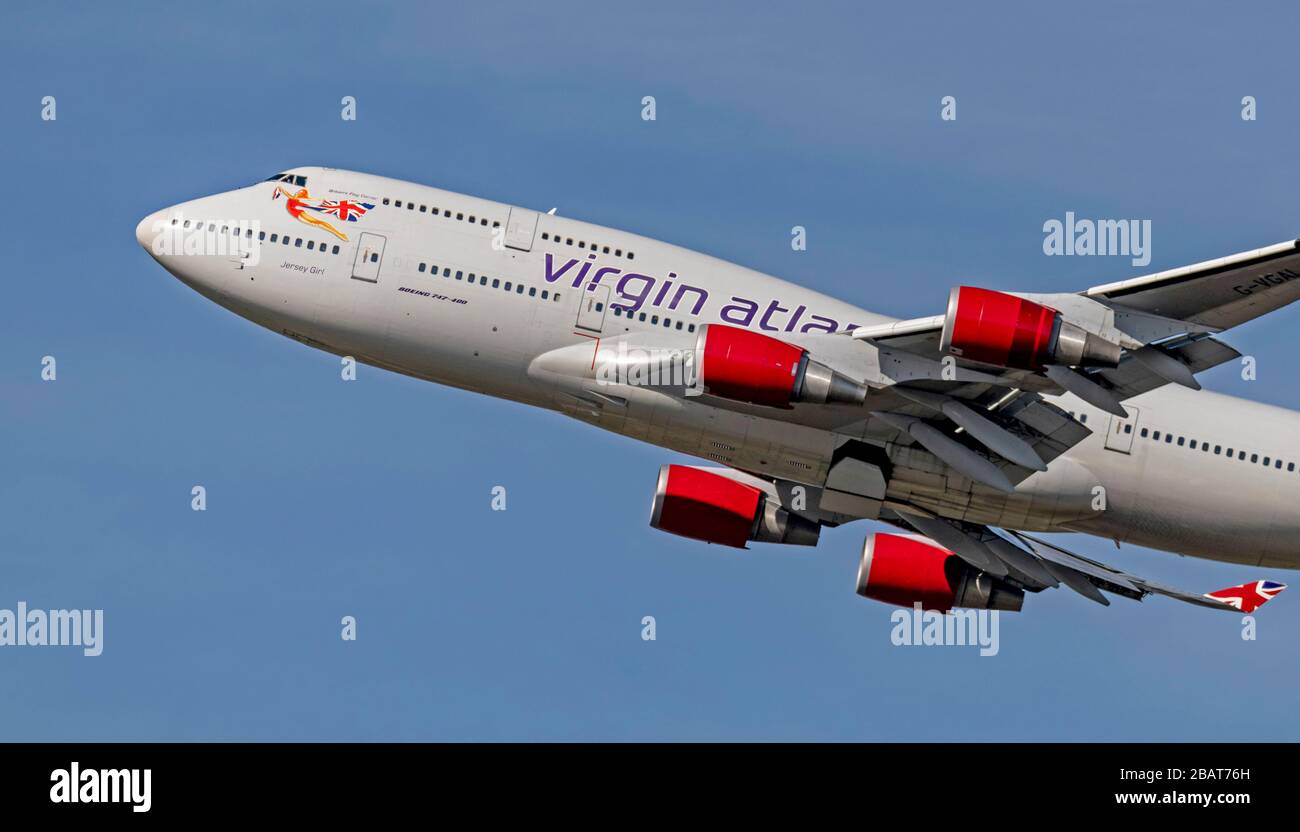 Virgin Alantic, Boeing 747-400 G-VGAL, 'Jersey Girl' departing from  Manchester Airport Stock Photo