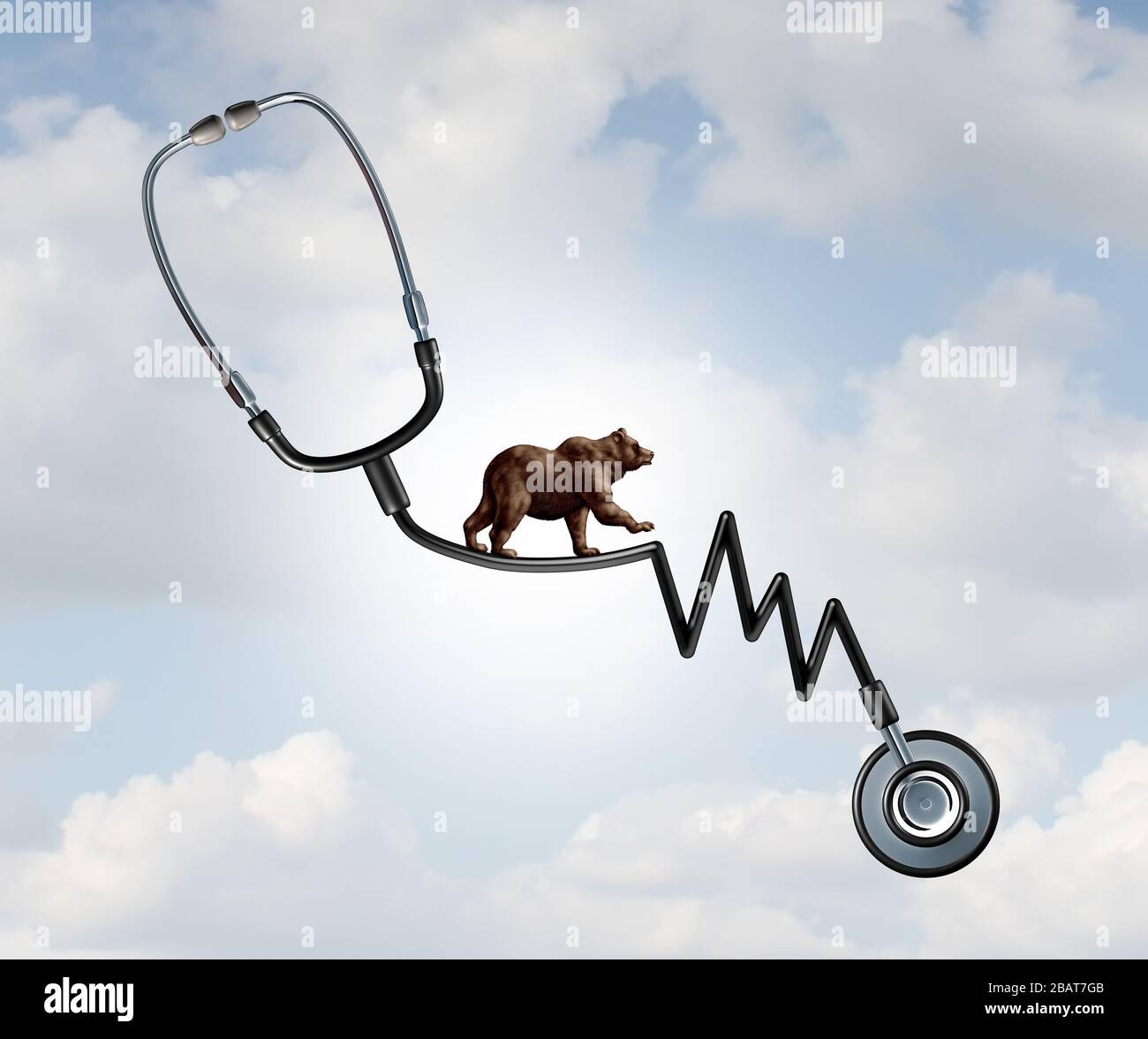 Health and Bear market risk as a financial loss concept as a symbol for disease and economic recession walking on a high tightrope shaped. Stock Photo