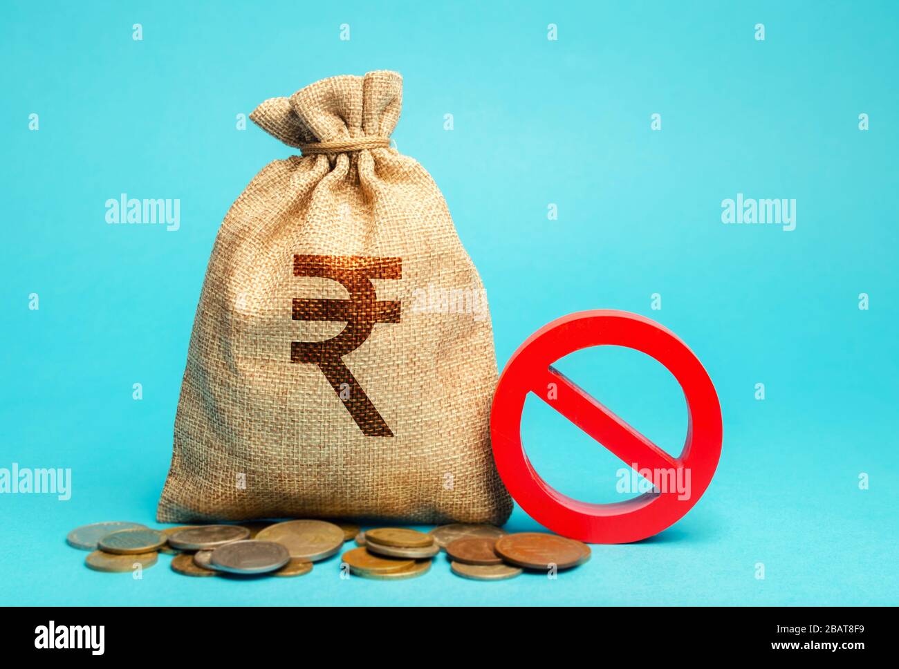 Money bag and sign of prohibition. Credit denied. Restrictions on the export of capital. Economic pressure and sanctions. Destabilization of the excha Stock Photo