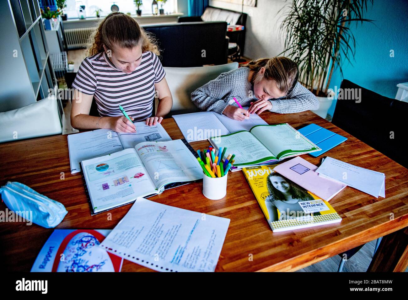 Two female students study and do homework at their home.The Dutch government has order all schools to be closed until further notice in attempt to control the spread of the COVID-19 Coronavirus. Students are to be home schooled with digital means such as laptops, digital tablets or mobile phones. Stock Photo