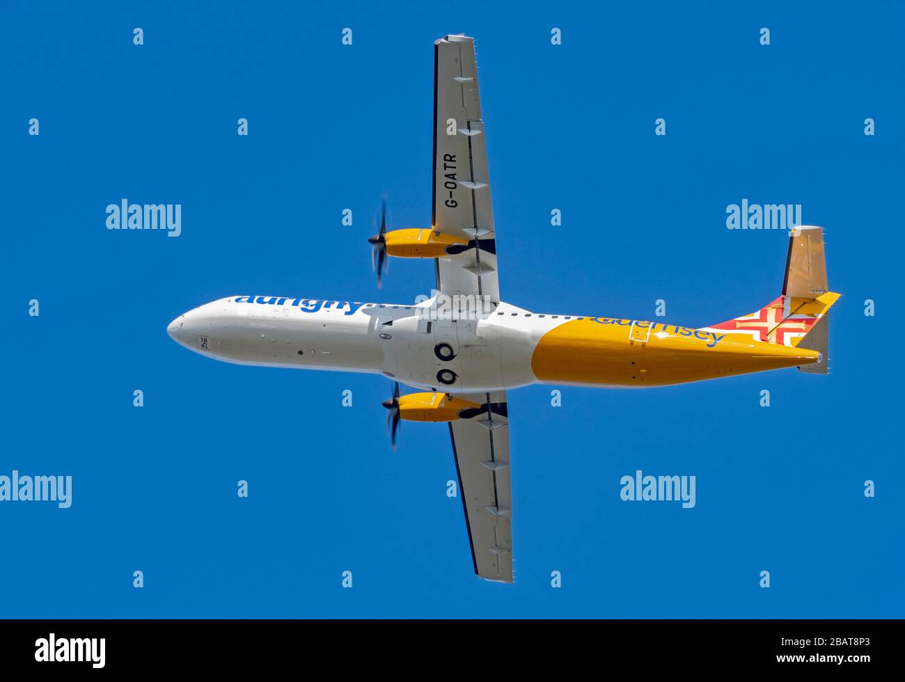 Aurigny Air Services ATR72, G-OATR, departing from  Manchester Airport Stock Photo