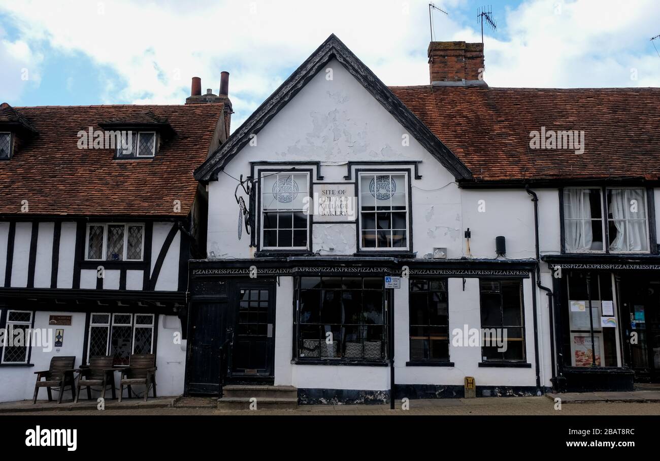 Half timbered building in High Street, Pinner Village, Middlesex, UK. The building was once the