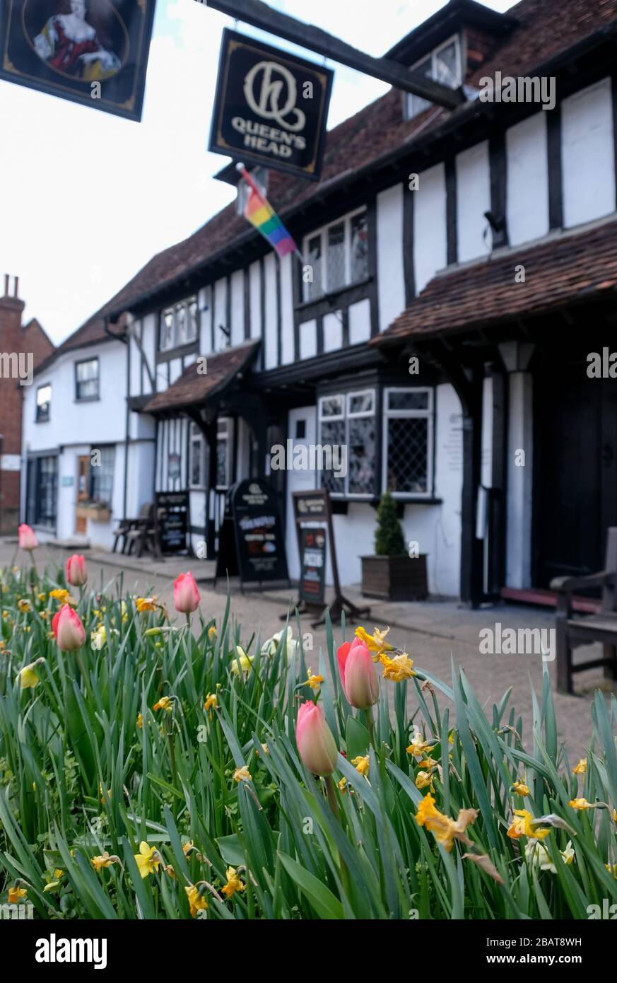 Historic half timbered Tudor pub called the Queen's Head, in Pinner
