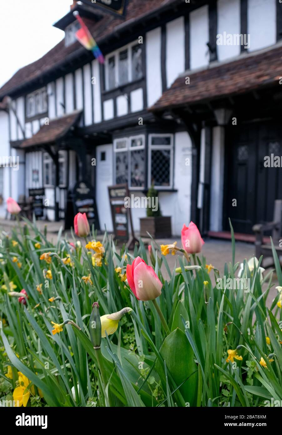 Historic half timbered Tudor pub called the Queen's Head, in Pinner