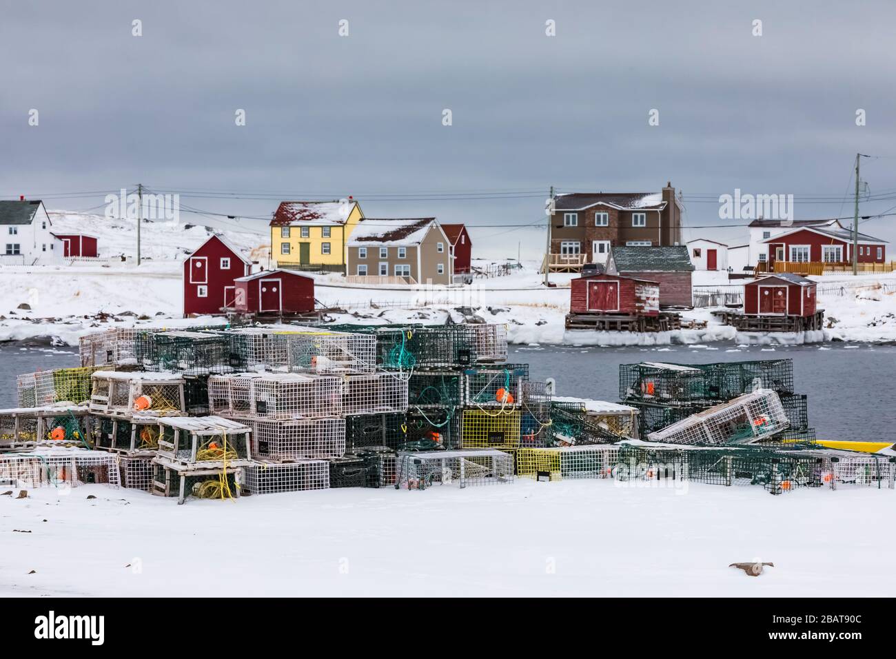 Lobster pots, stages, and houses along Tilting Harbour in the historic