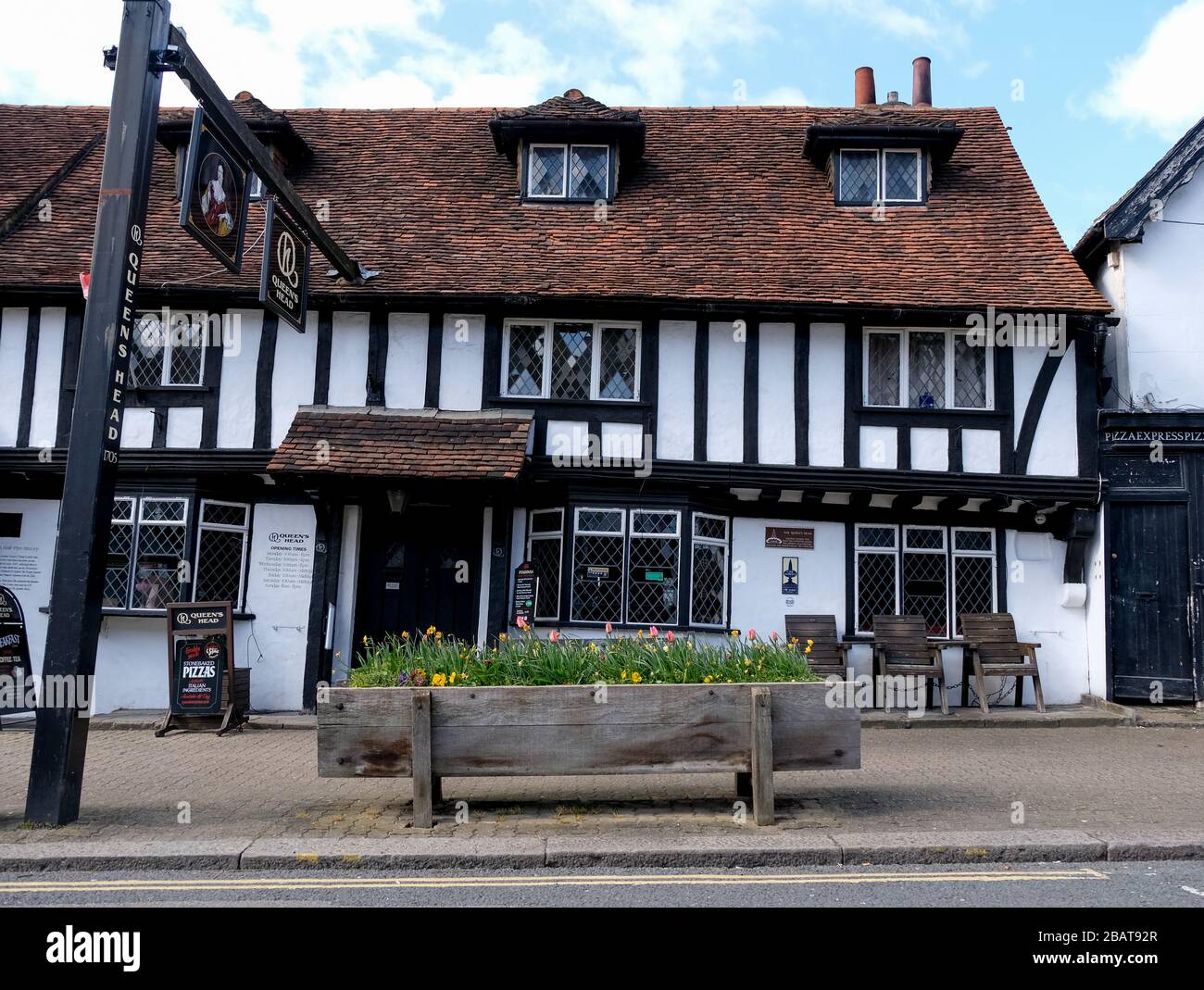 Historic half timbered Tudor pub called the Queen's Head, in Pinner