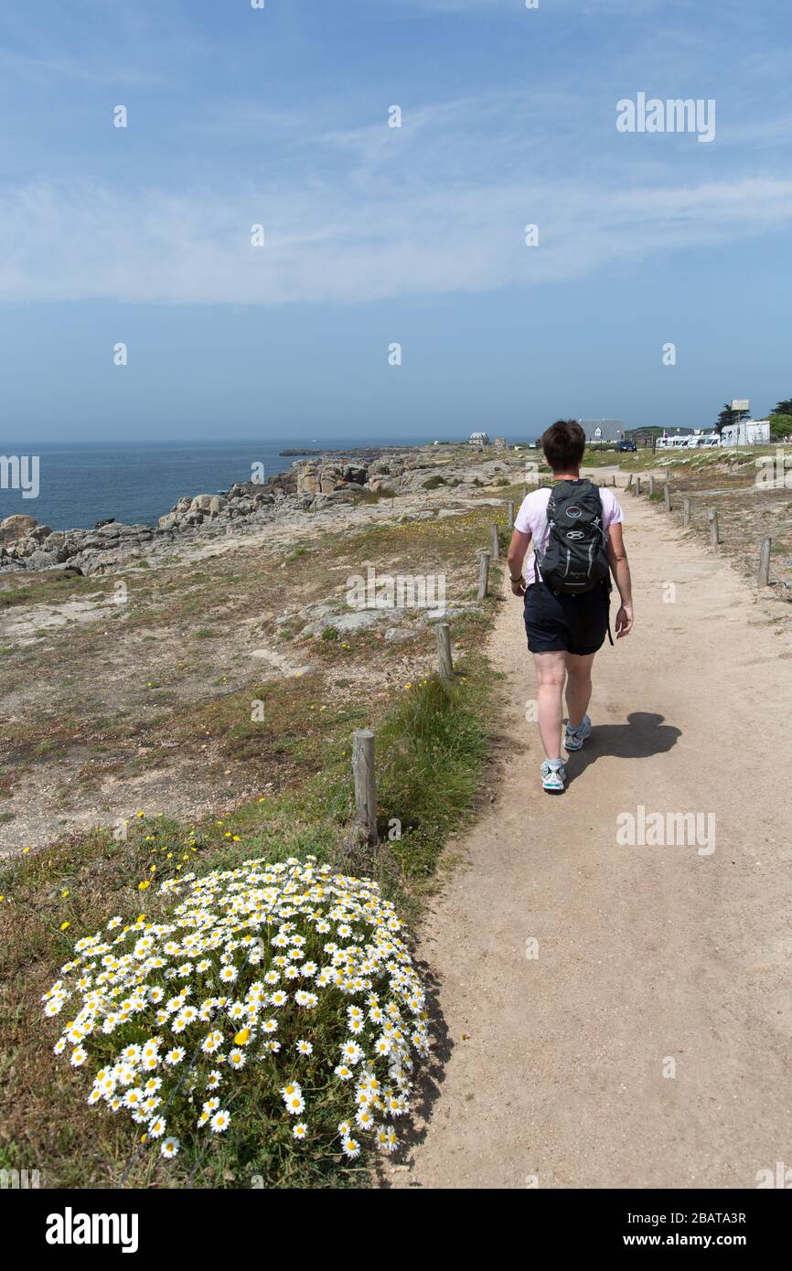 Le Croisic, France. Lady walker on Le Croisic’s coastal path with the Hotel Le Fort Del L’Ocean, at Pointe du Croisic, in the distant background. Stock Photo
