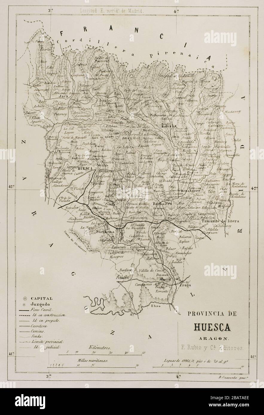 Map of the Province of Huesca, Aragon, Spain. Cronica General de España, Historia Ilustrada y Descriptiva de sus Provincias. Aragon, 1866. Stock Photo