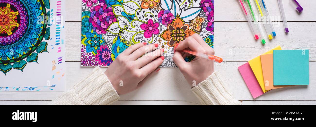 Adult coloring book, stress relieving trend. Art therapy, mental health ...