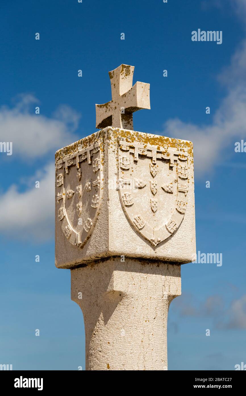 Marker stone with coat of arms of Henry the Navigator in Fortaleza de Sagres, Fort of Henry the Navigator, Sagres, Algarve, Portugal Stock Photo