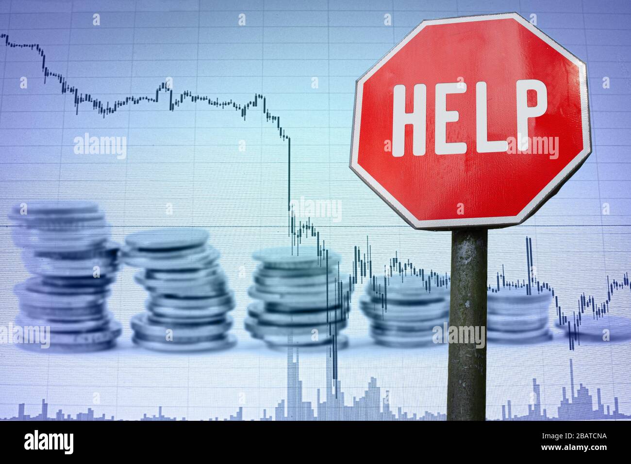 Help sign on economy background - graph and coins. Financial crash in world economy because of coronavirus. Global economic crisis, recession Stock Photo