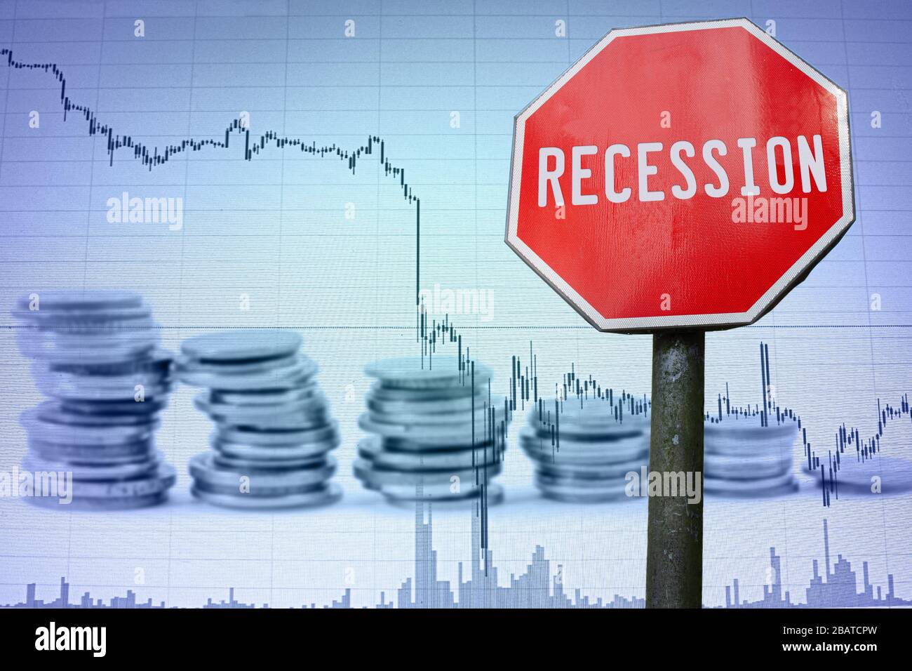 Financial crash in world economy because of coronavirus. Downtrend in the economic charts. Global economic crisis, start of recession. COVID-19 Stock Photo