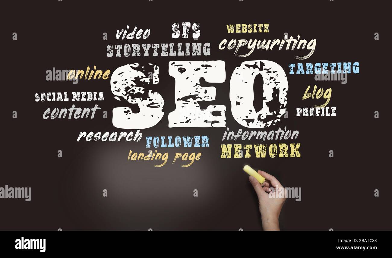 SEO - search engine optimization in word cloud. Internet marketing concept Stock Photo