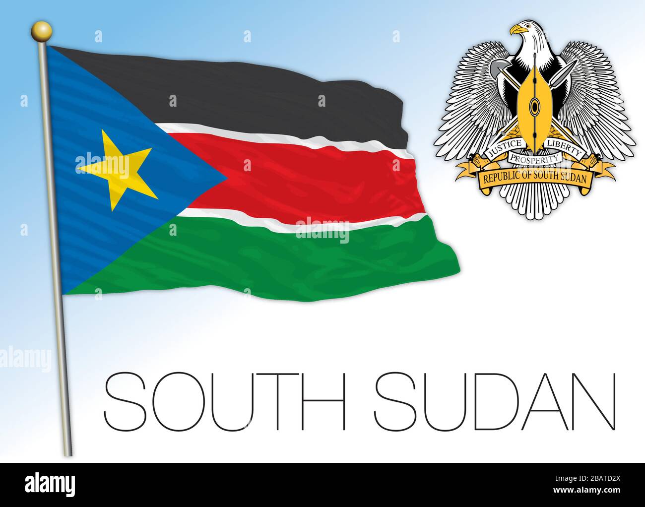 South Sudan official national flag and coat of arms, africa, vector illustration Stock Vector