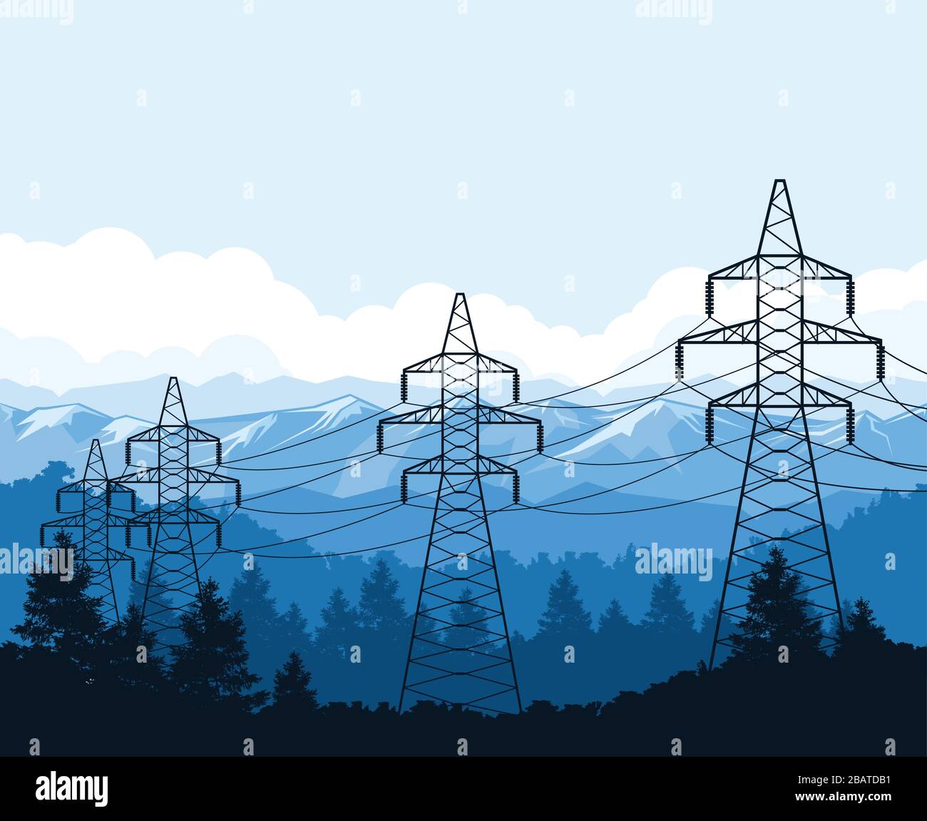 Tangent towers in mountains, high voltage power line pylons, power supply Stock Vector