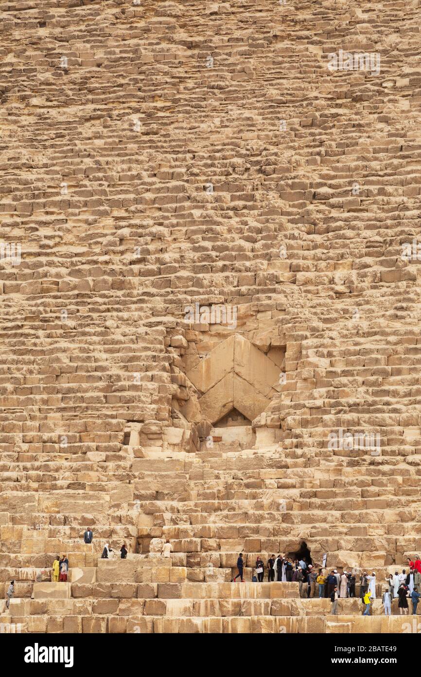 Entrance to the Pyramid of Khufu, the Great Pyramid of Giza, on the Giza Plateau in Cairo, Egypt. Stock Photo