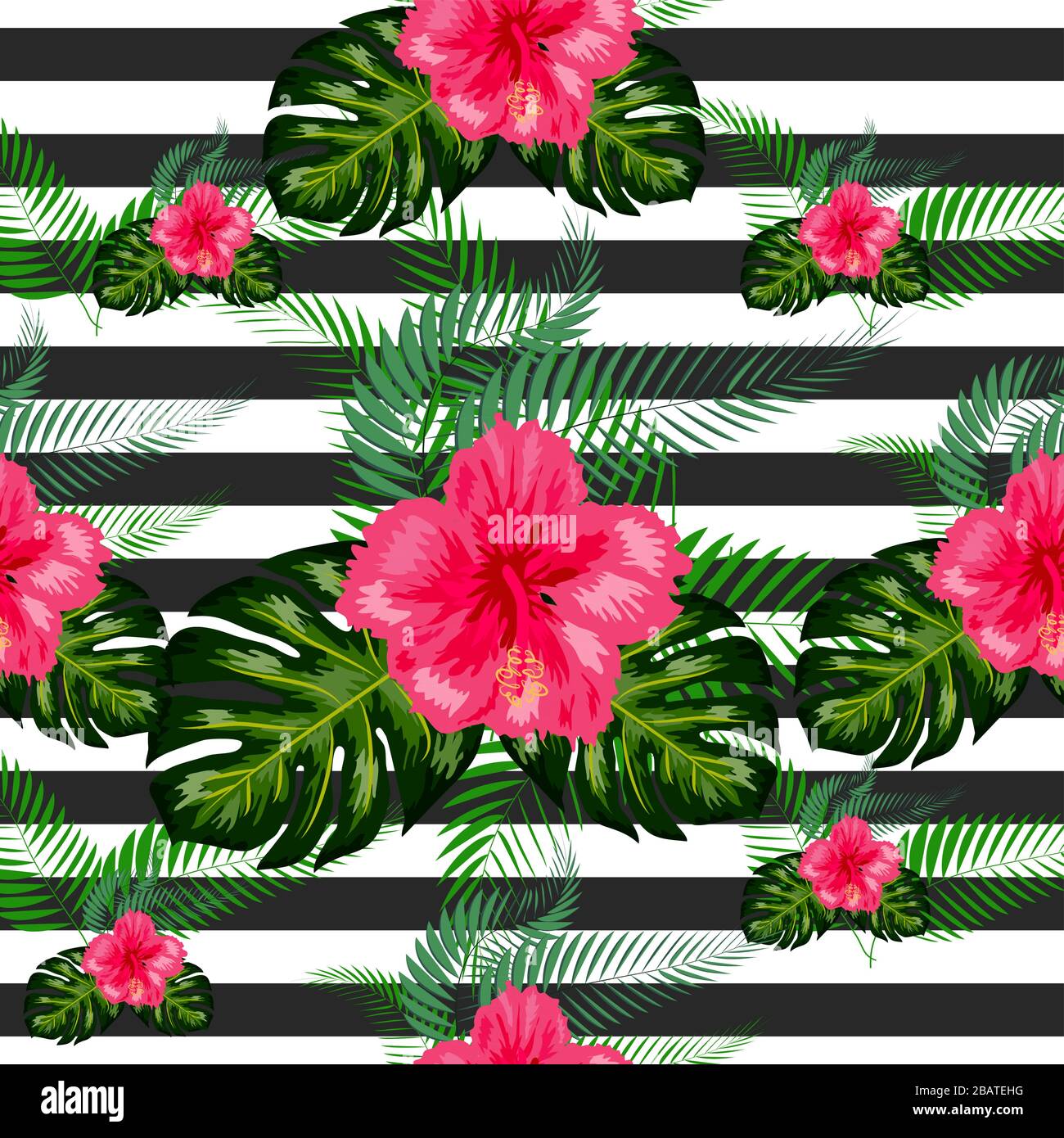Seamless exotic pattern with tropical leaves and flowers on a white ...