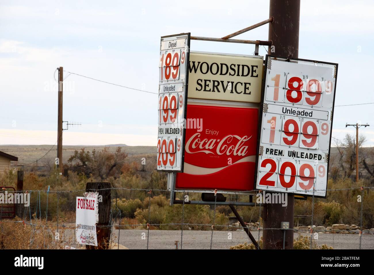 Abandoned Gas Station Sign with Coca-Cola Letters in Utah, USA Stock Photo
