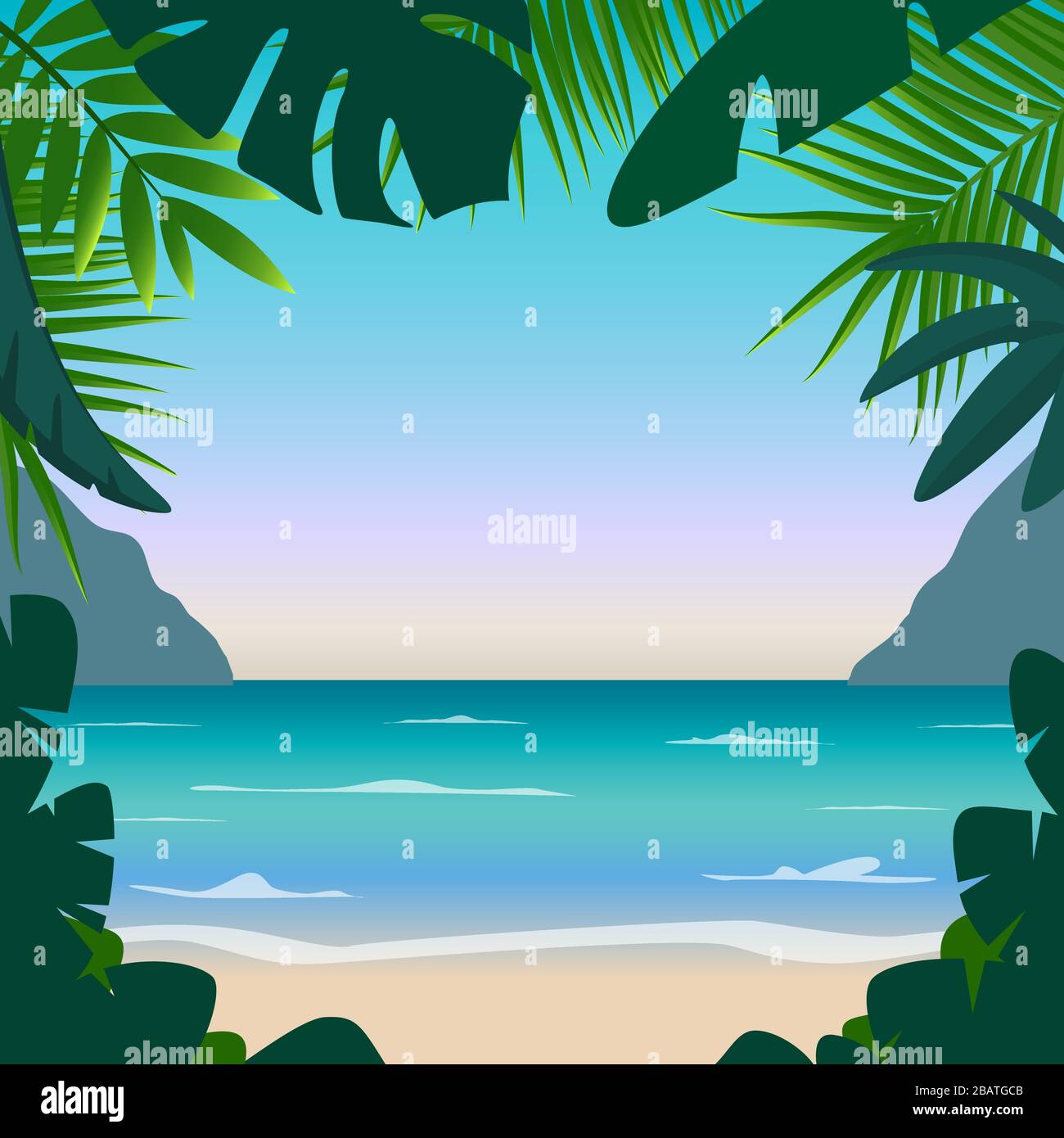 Summer background with sea, sand, palms, mountains and place for your text. Good for flyer, booklets, poster. Vector colorful illustration in flat sty Stock Vector