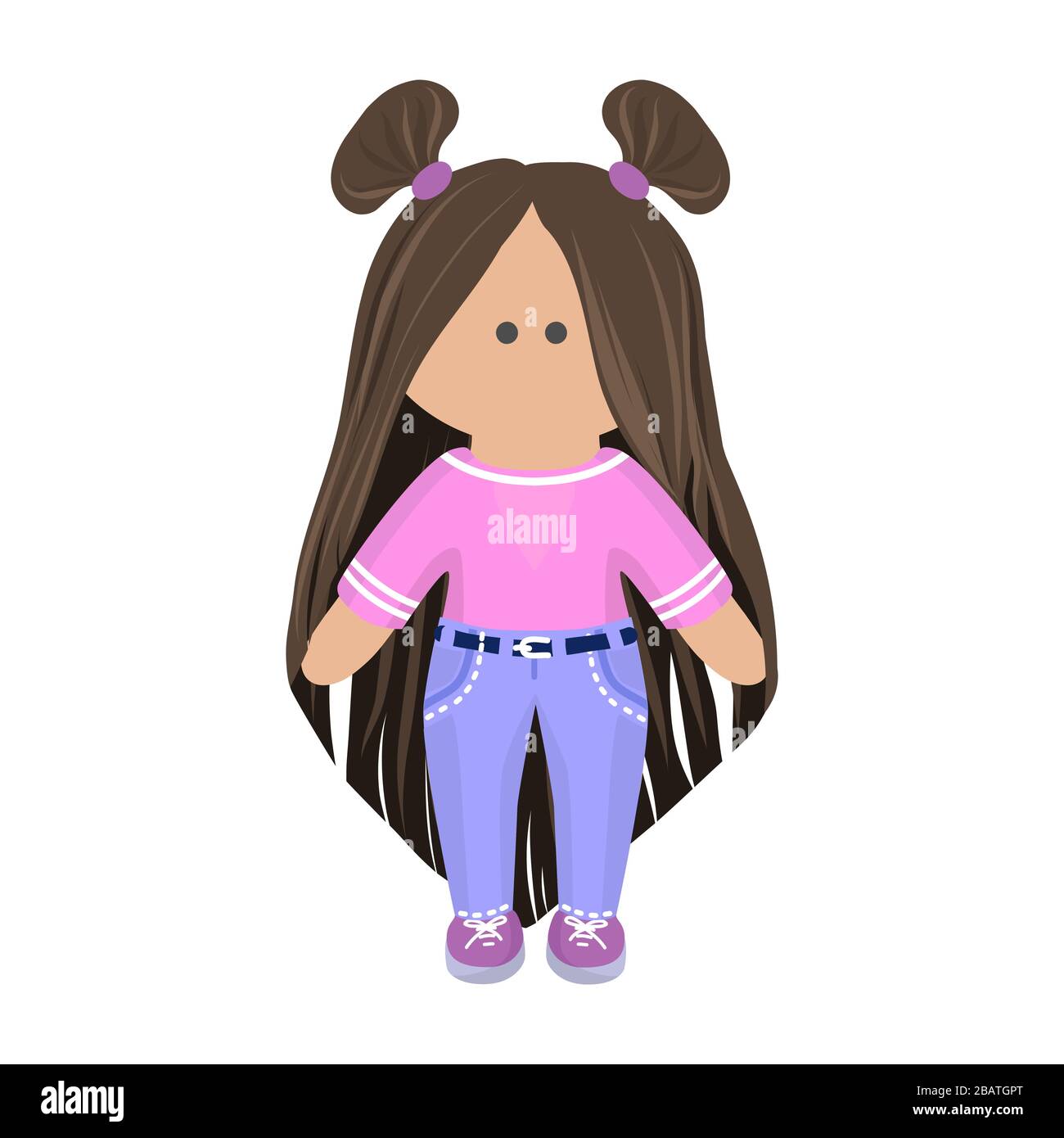 Cute Girl Doll With Long Brunette Hair In Pink T Shirt And Blue Jeans And Violet Sneakers Children S Cartoon Character Rag Doll In Summer Clothes Stock Vector Image Art Alamy