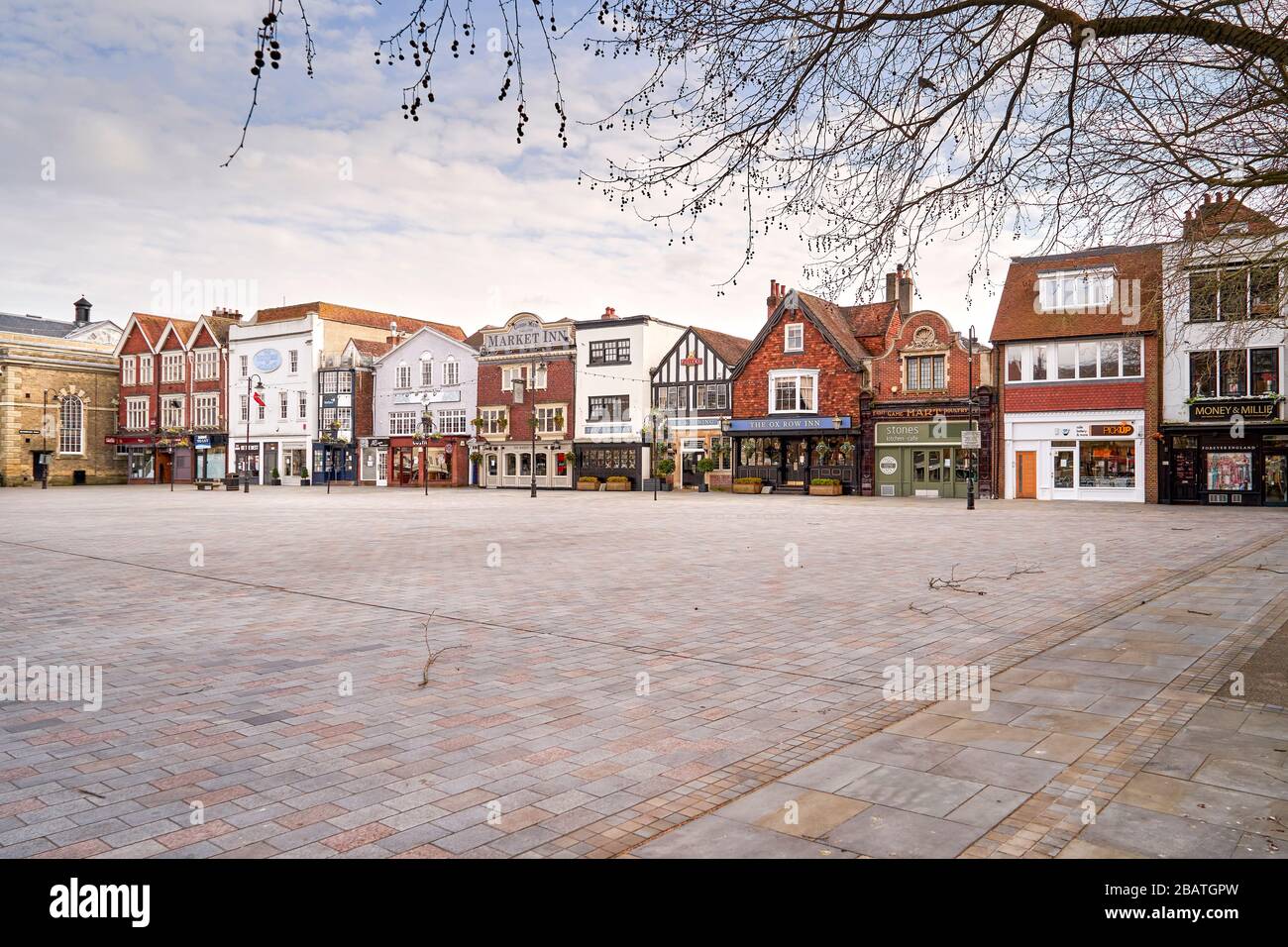 Deserted market square and closed bars restaurants and shops during the Covid-19 Coronavirus emergency Stock Photo