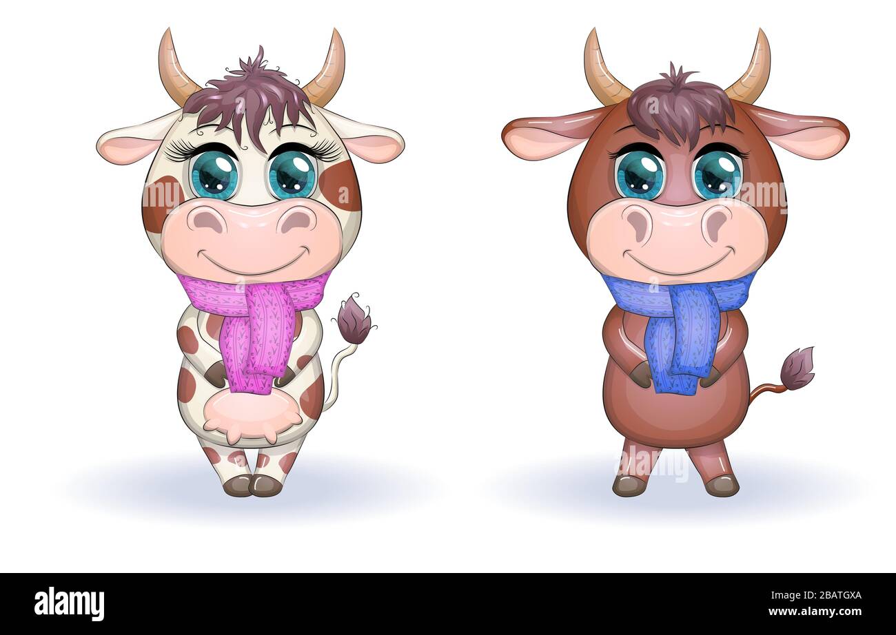 Cute cartoon couple cow and bull with scarves with beautiful big eyes. Symbol of the year 2021 according to the Chinese calendar. Stock Vector