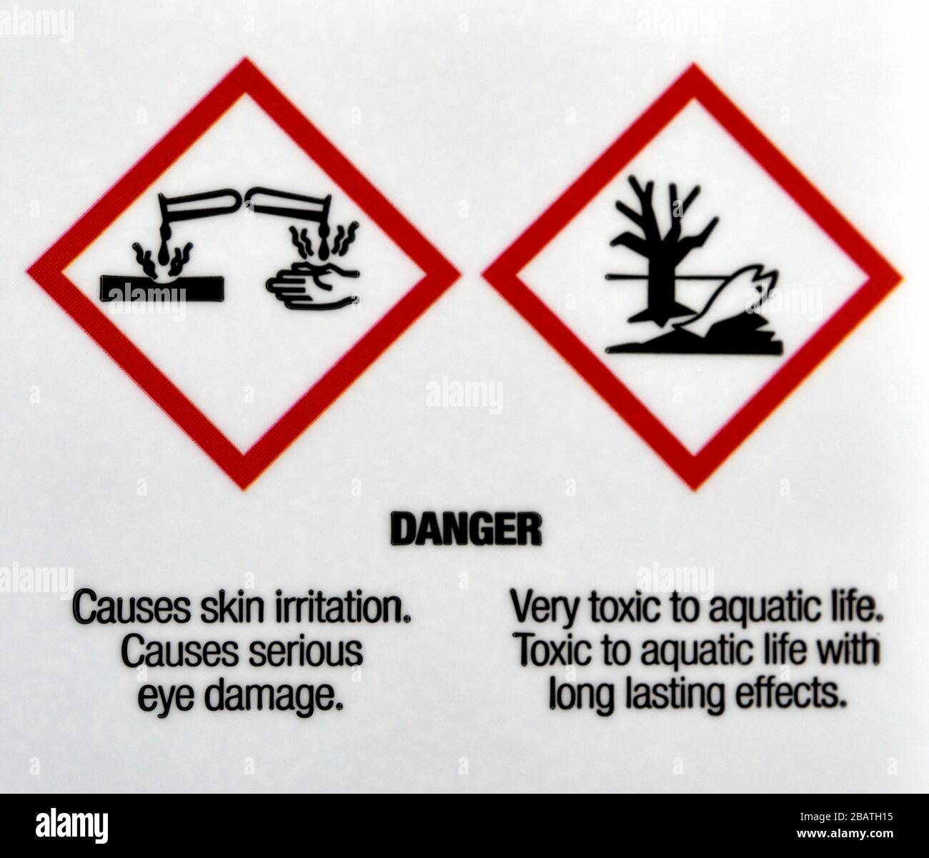 Red safety signs,danger,for skin irritation,serious eye damage,toxic to aquatic life Stock Photo