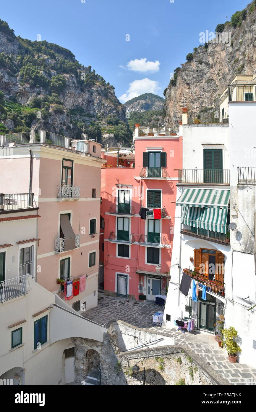 Panoramic view of Atrani, a medieval village on the coast of southern Italy Stock Photo