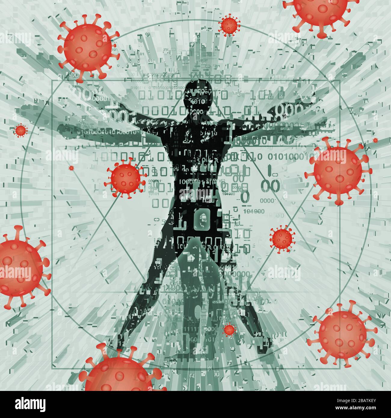 Vitruvian man futuristic stylized, victim of coronavirus pandemic. Illustration of vitruvian man with a binary codes, digital numbers and coronavirus Stock Photo