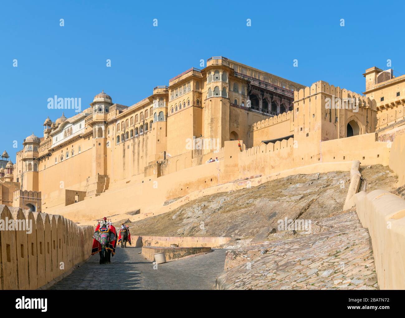 Elephant rides on the path up to the Amber Fort, Jaipur, Rajasthan, India Stock Photo