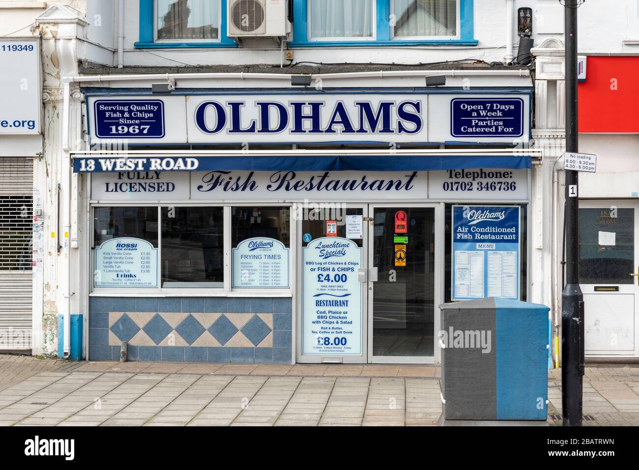 Oldhams Fish Restaurant closed for business during the COVID-19 Coronavirus pandemic outbreak lockdown. Westcliff on Sea, Essex, UK takeaway cafe Stock Photo