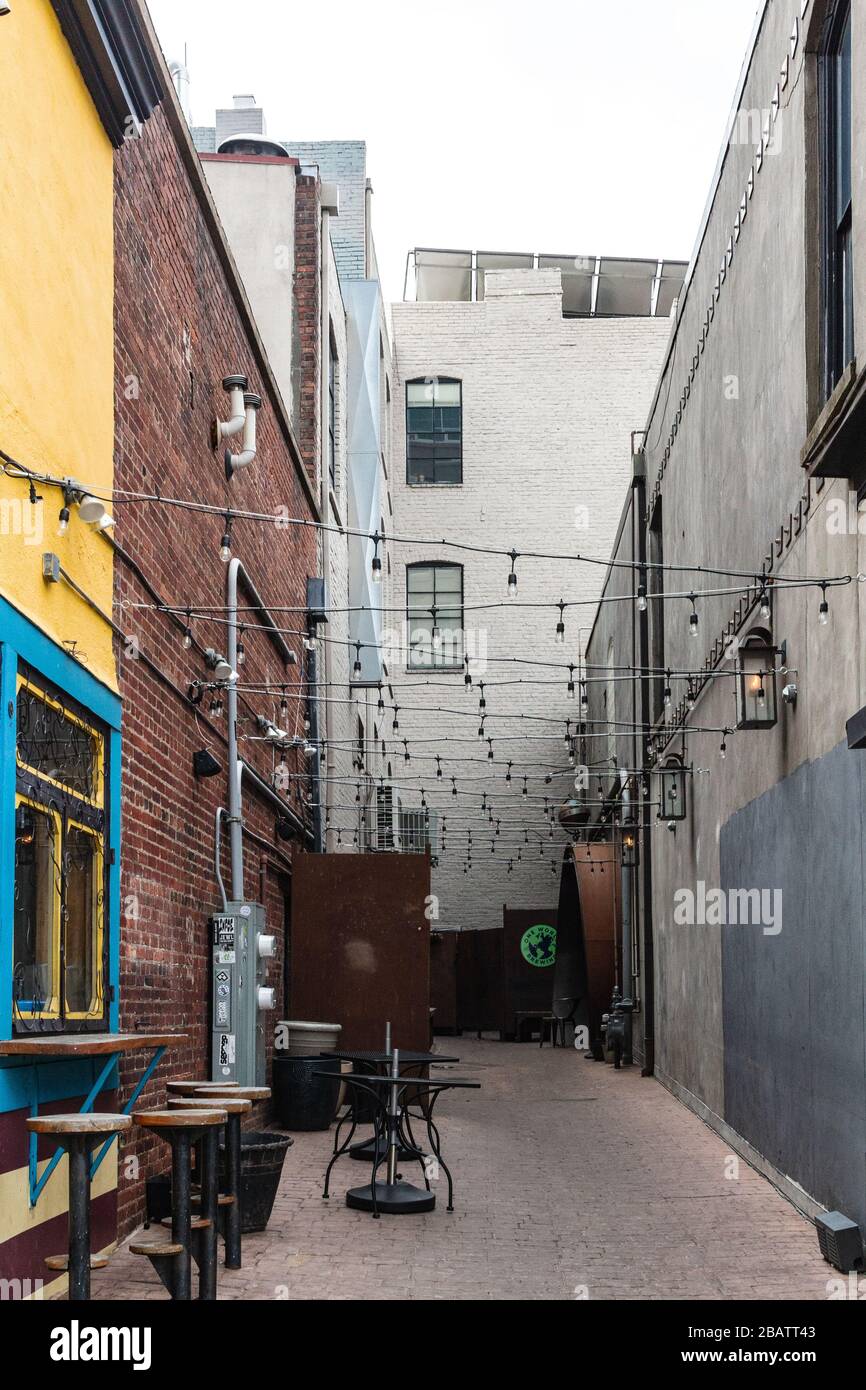 Asheville, USA. 29th Mar 2020. A restaurant's alley  is empty, during the coronavirus stay-at-home order in Asheville, NC, USA. Credit: Gloria Good/Alamy Live News Stock Photo