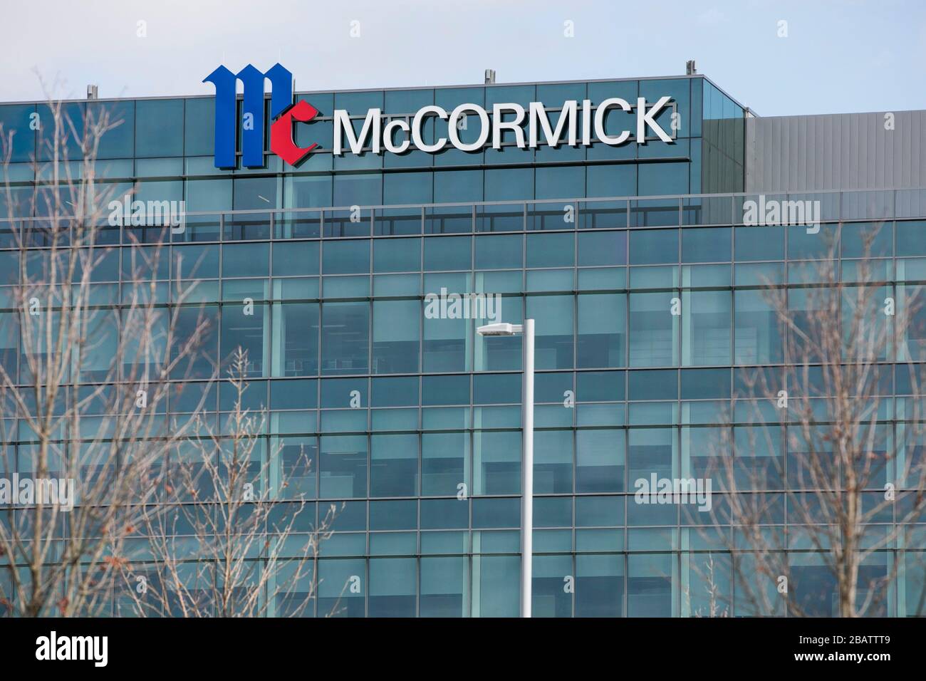 A logo sign outside of the headquarters of McCormick & Company in Hunt