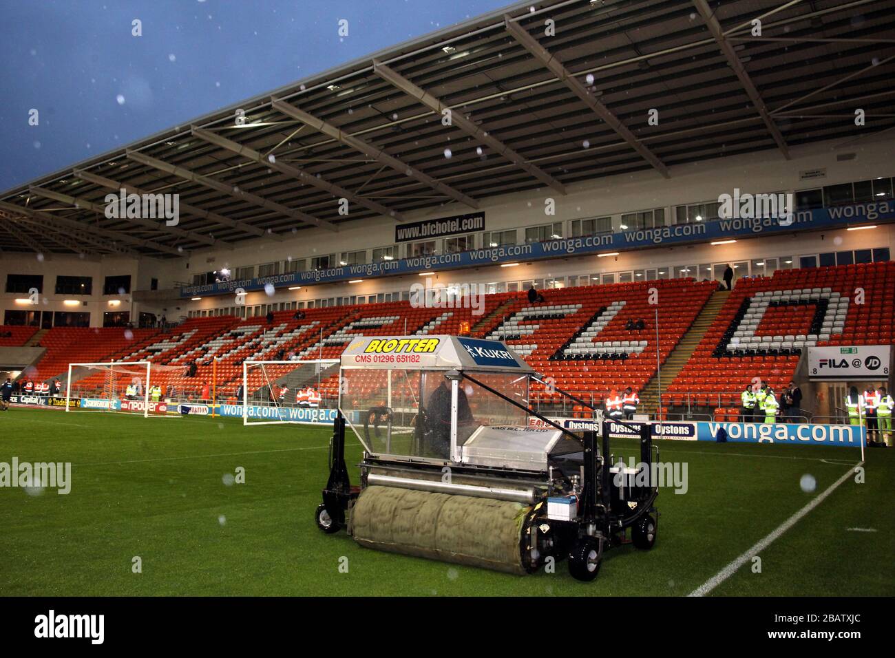 The Lancashire Cricket Club blotter on the Bloomfield Road pitch to soak up some of the standing water after heavy rainfall around the ground Stock Photo