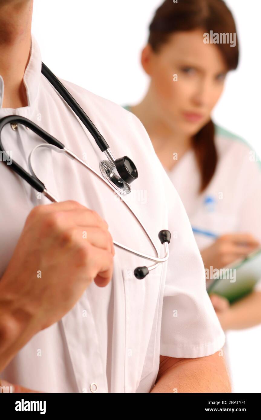 Two medical assistants with notes and stethoscope Stock Photo Alamy