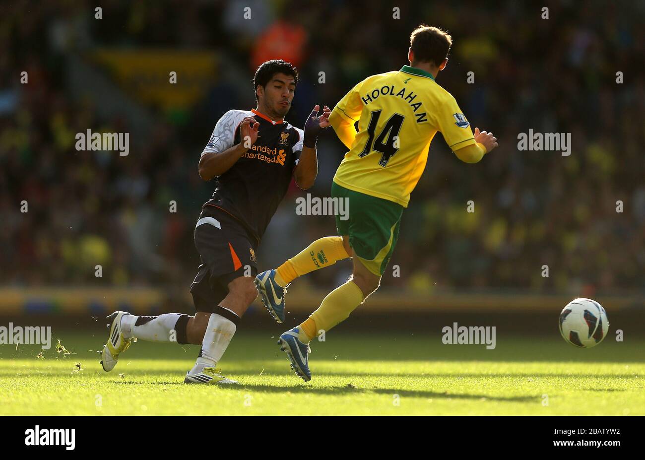 Liverpool's Luis Suarez and Norwich City's Wes Hoolahan compete for the ball Stock Photo
