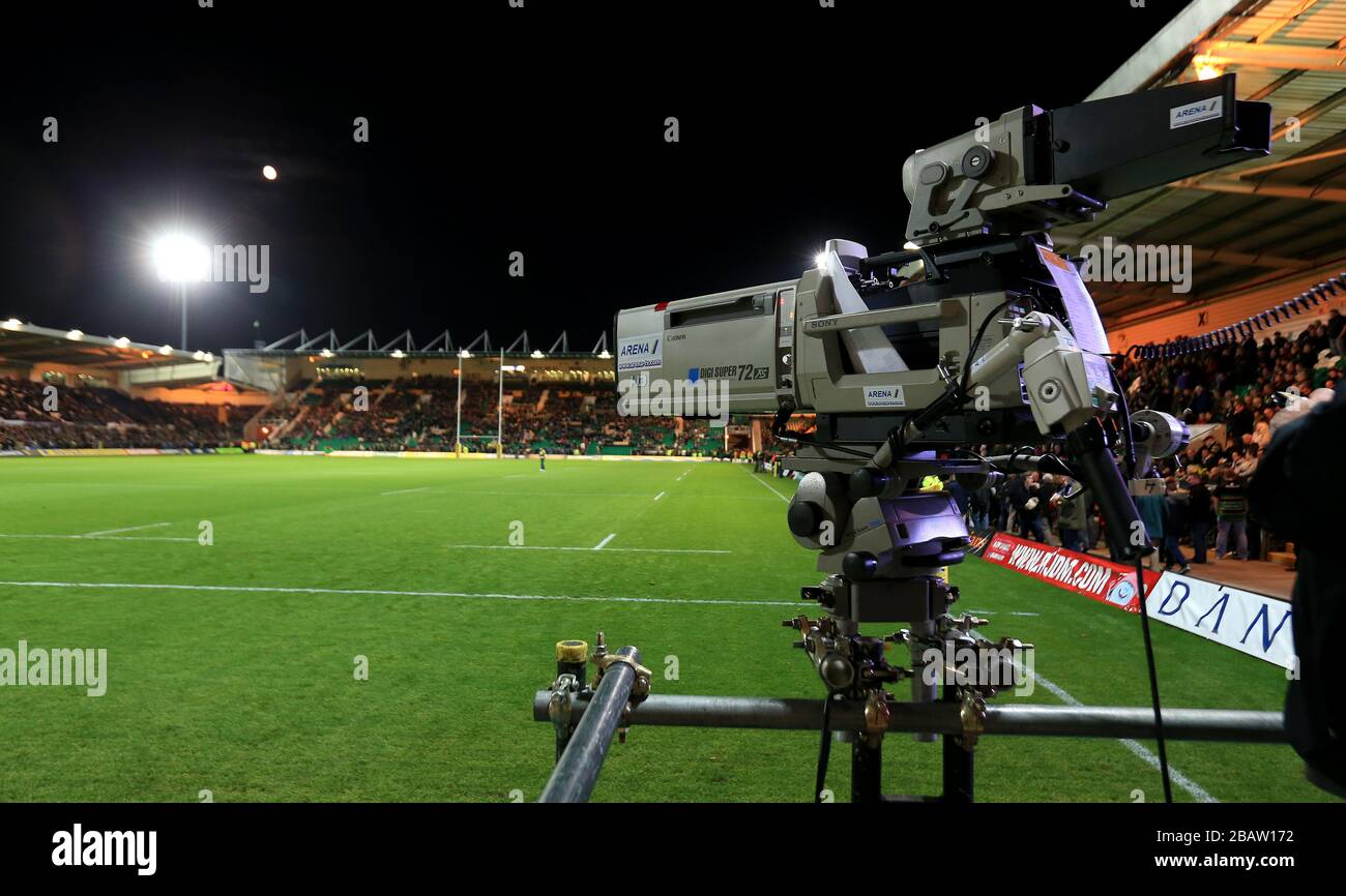 Television cameras film the match between Northampton Saints and Wasps Stock Photo
