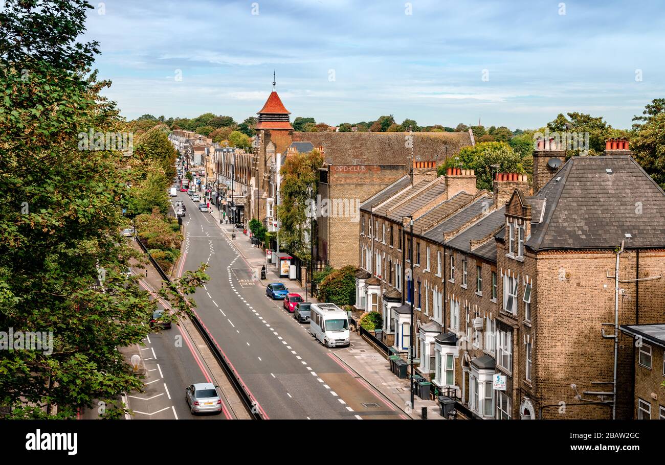 London / UK - September 16 2018: View of Archway Road, in Highgate, from above. The church of St Augustine Highgate can be hardly seen in the backgrou Stock Photo