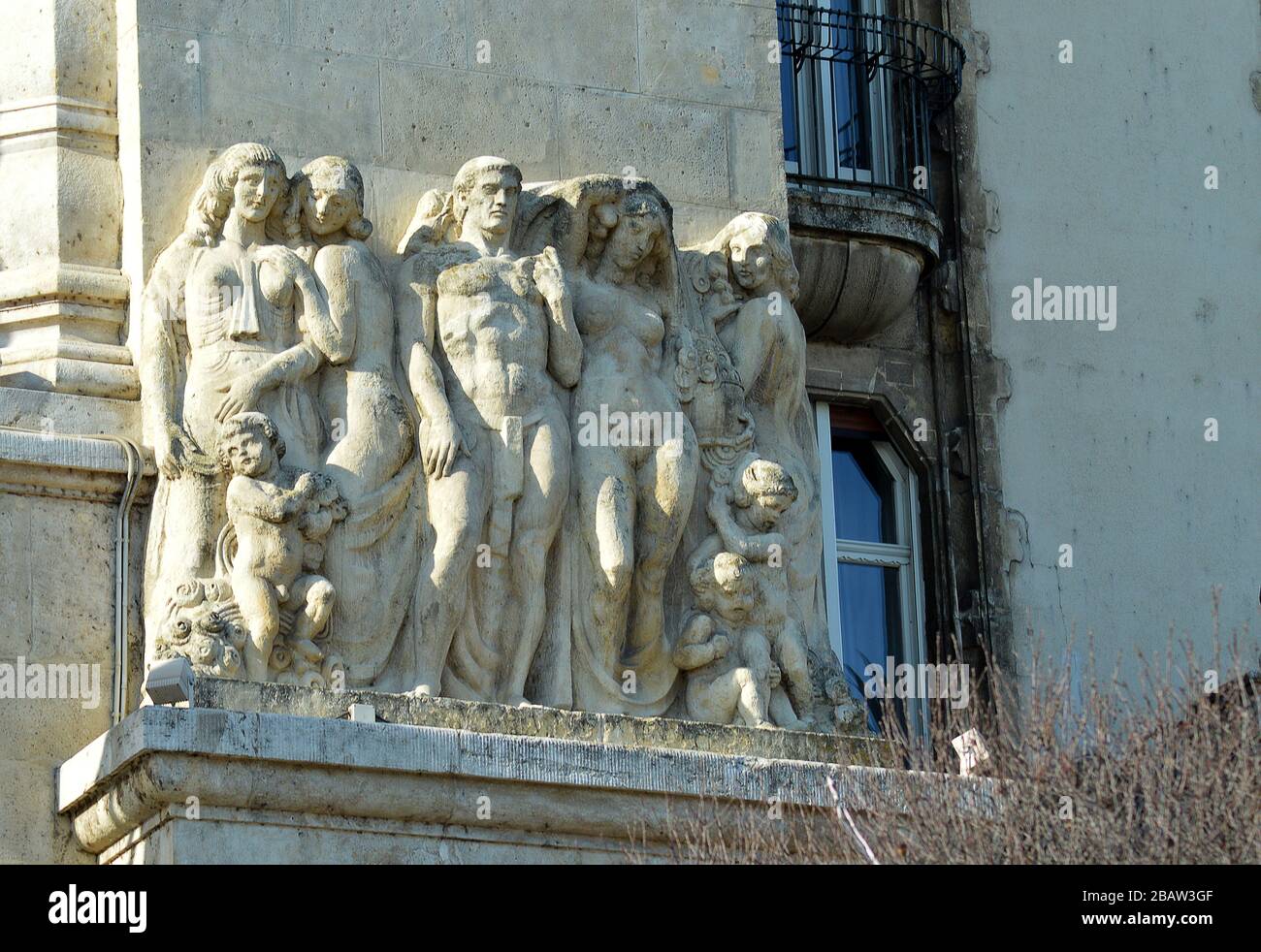 BUDAPEST, HUNGARY - 9 FEBRUARY 2020: Art nouveau sculpture atop the Hotel Gellert, a famous hotel on the Gellert Hill by the River Danube Stock Photo