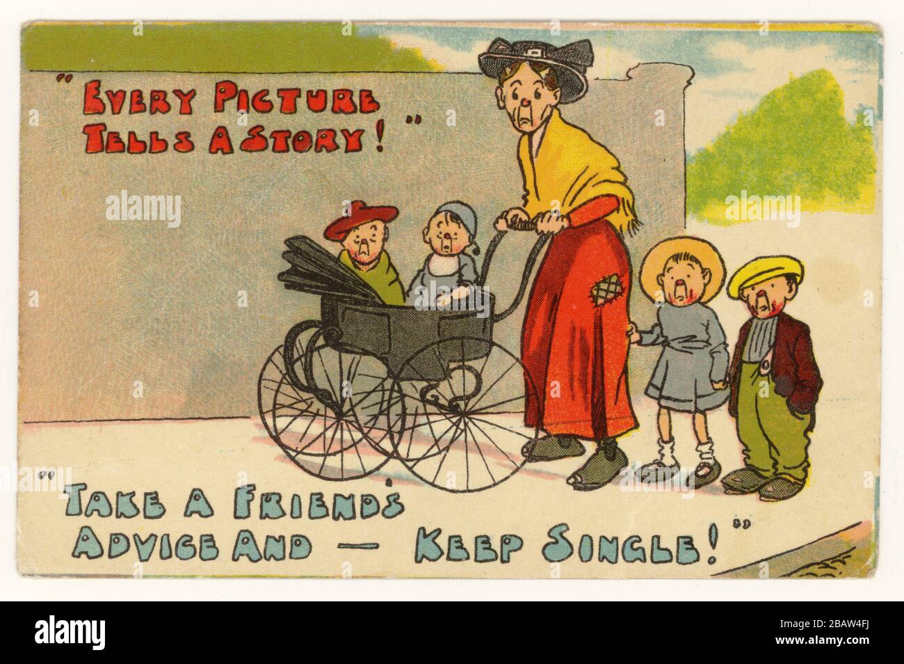 Early 1900's comic postcard advising women to take a friend's advice and stay single (possibly women's rights) 1911,  just after the Edwardian era, U.K. Stock Photo