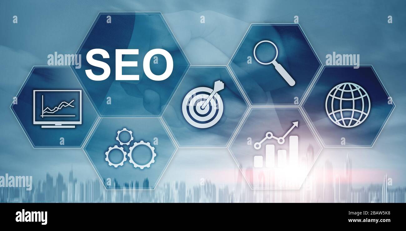 Searching Engine Optimizing SEO on abstract business background. Mixed media Stock Photo