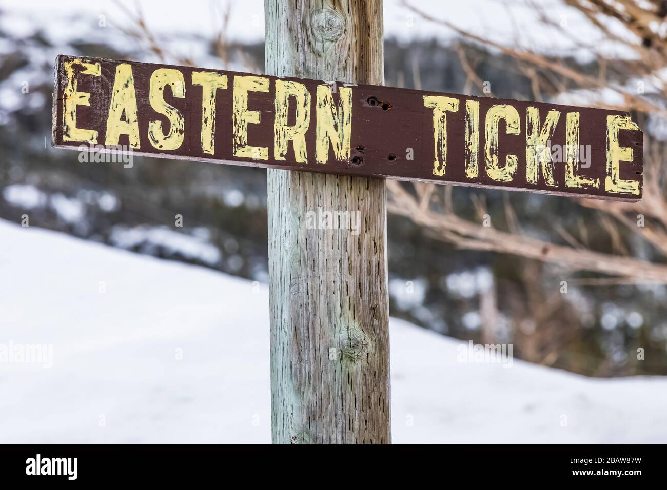 Sign for Eastern Tickle, a colorfully named and now abandoned community on Fogo Island in Newfoundland, Canada Stock Photo