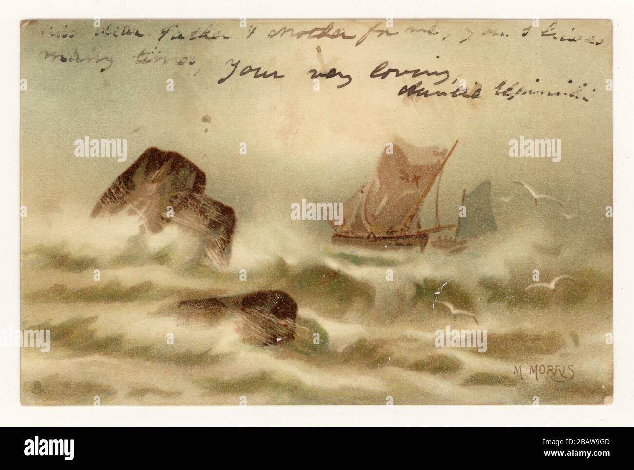 Early 1900's greetings postcard, undivided back, with writing on the front, illustrated by M. Morris, of fishing boats on stormy seas off the North Cornish Coast, Cornwall, England, Britain, U.K. posted from Newquay in August 1904 Stock Photo