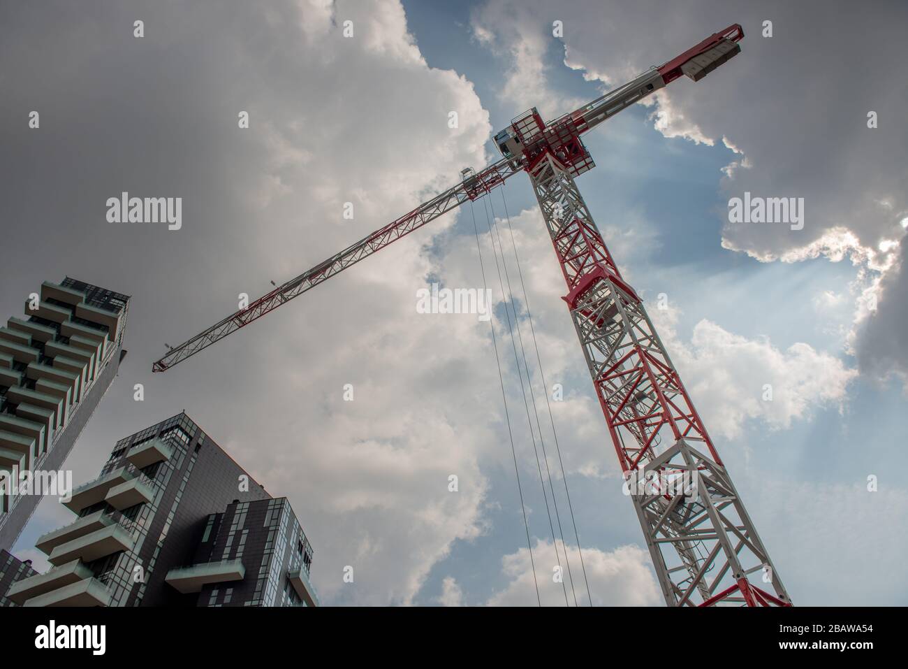 Crane machine used for lifting and moving goods and materials Stock