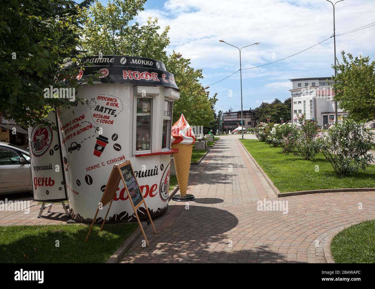 TUAPSE, RUSSIA-CIRCA JUL, 2018: Small cafe with coffee-to-go and ice ...