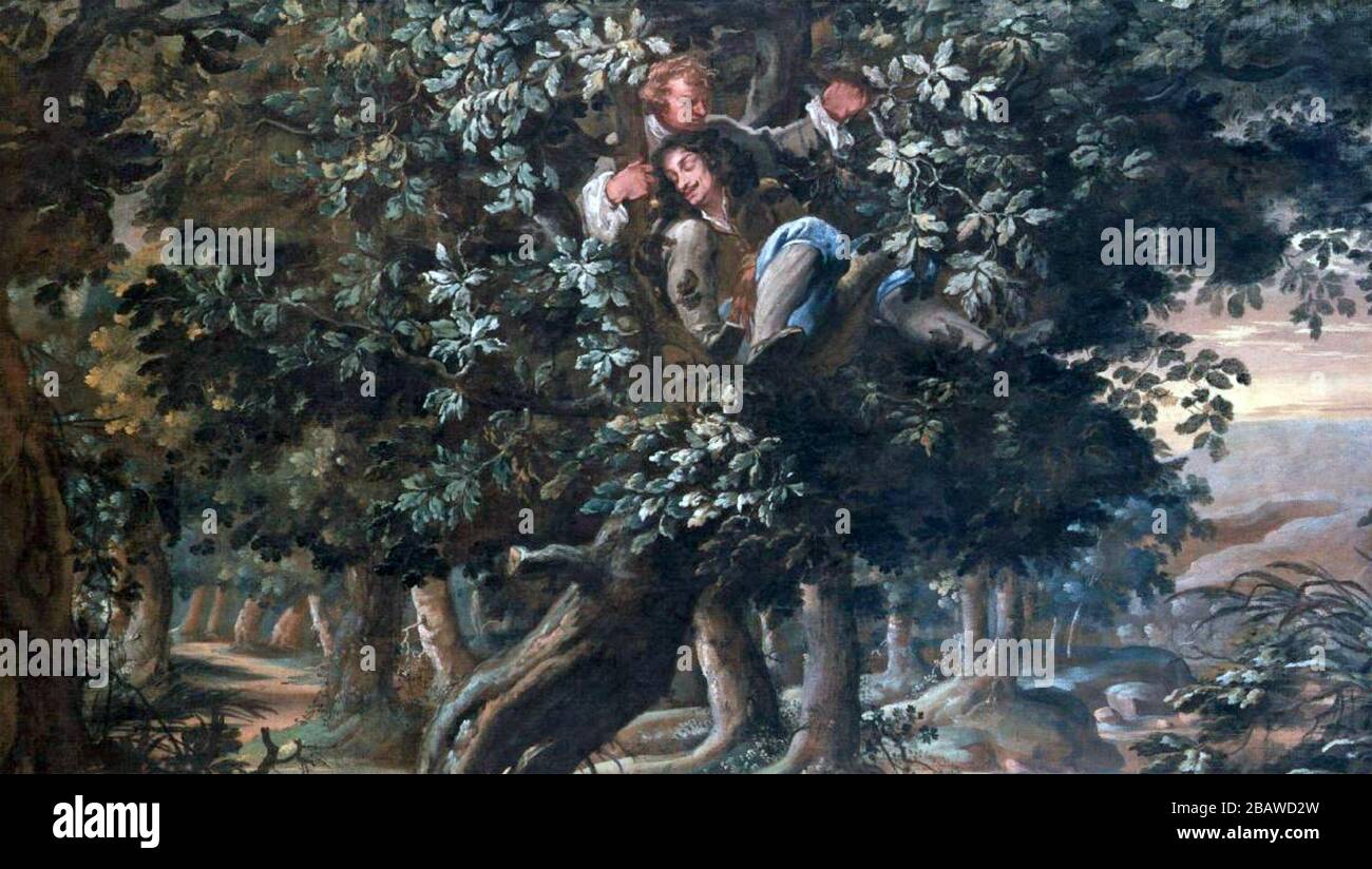 CHARLES II OF ENGLAND (1630-1685) hiding in the oak tree with Colonel Carlis painted by Isaac Fuller Stock Photo