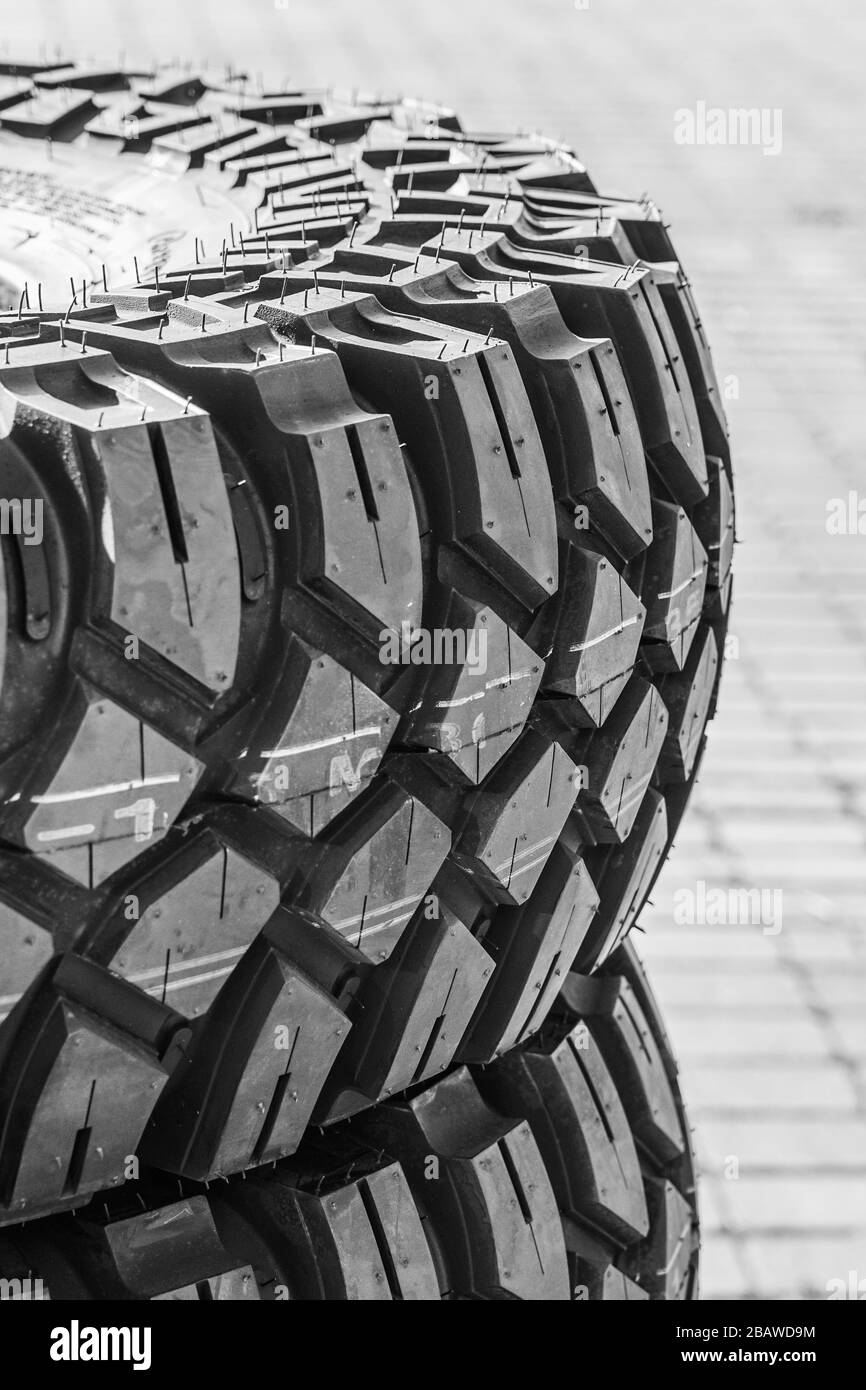 closeup view of new mud and terrain tire tread Stock Photo Alamy