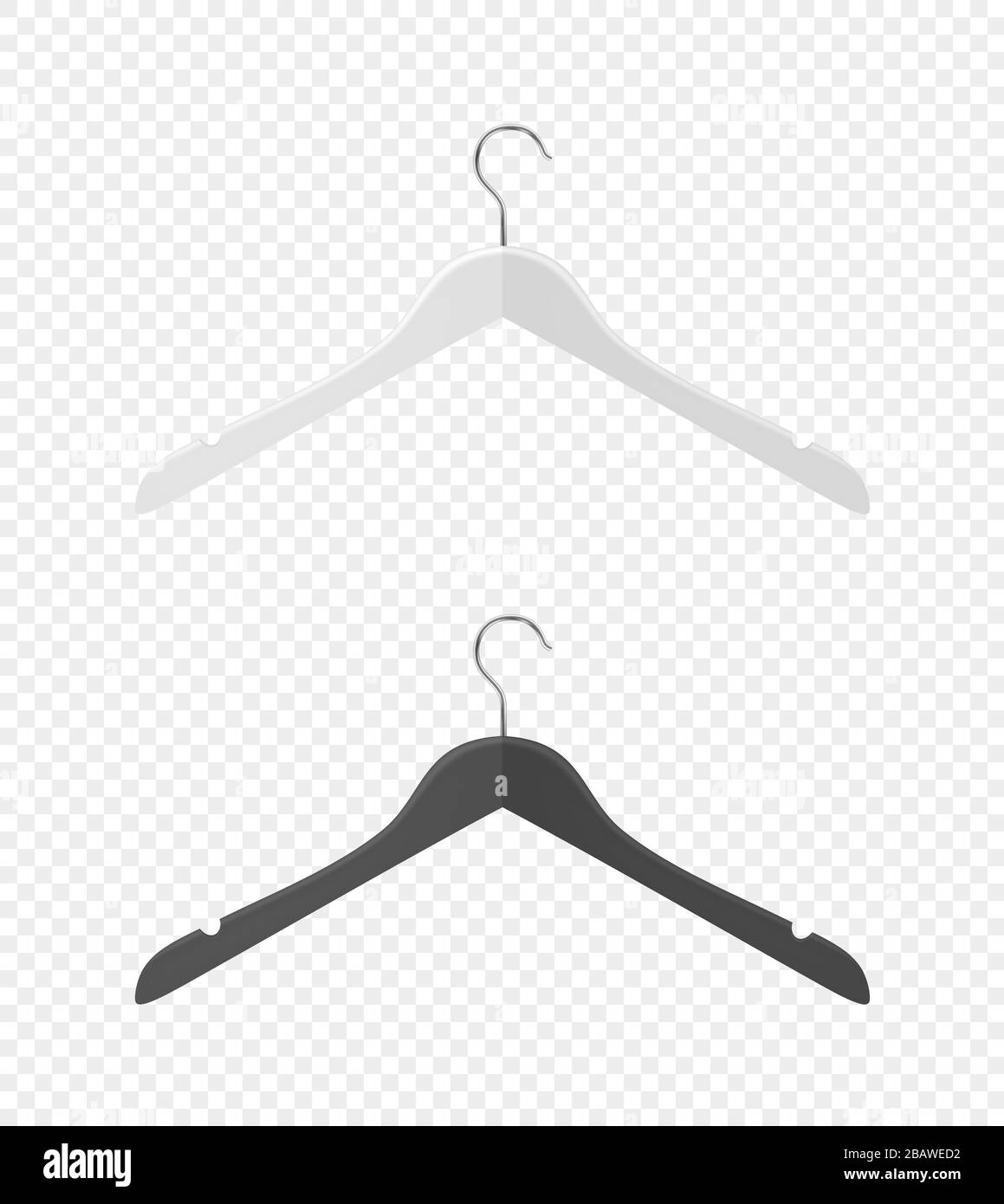 Vector 3d Realistic Clothes Coat Wooden Textured Black, White Hanger Set Closeup Isolated on Transparent Background. Design Template, Clipart or Stock Vector